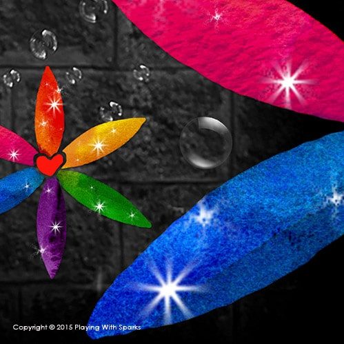 The Playing With Sparks flower shaped logo with a heart centre looks happy and playful floating amidst bubbles in front of a dark background.