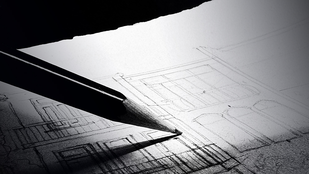 Pencil Sketch Building BW Pencil sketch in light and shadow showing the pencil on the peper where the draawing has begun as if it is about to continue