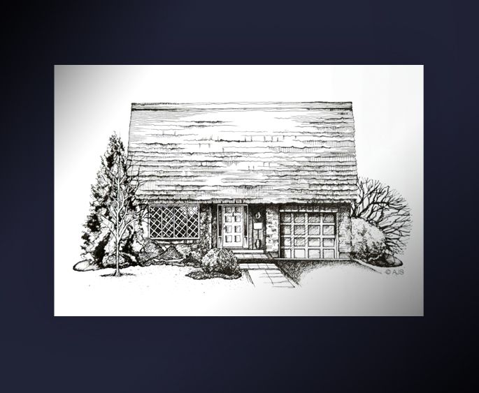 Pen and ink drawing with watercolour was and white ink highlights of a series of buildings in Paris, Canada