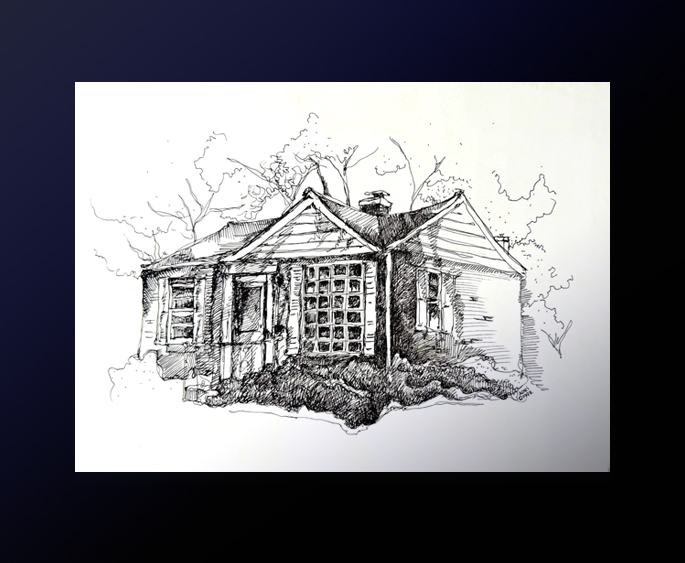 Hand drawn pen and ink loose sketch of a home lying on a warm wood surface on an angle in dappled sunlight