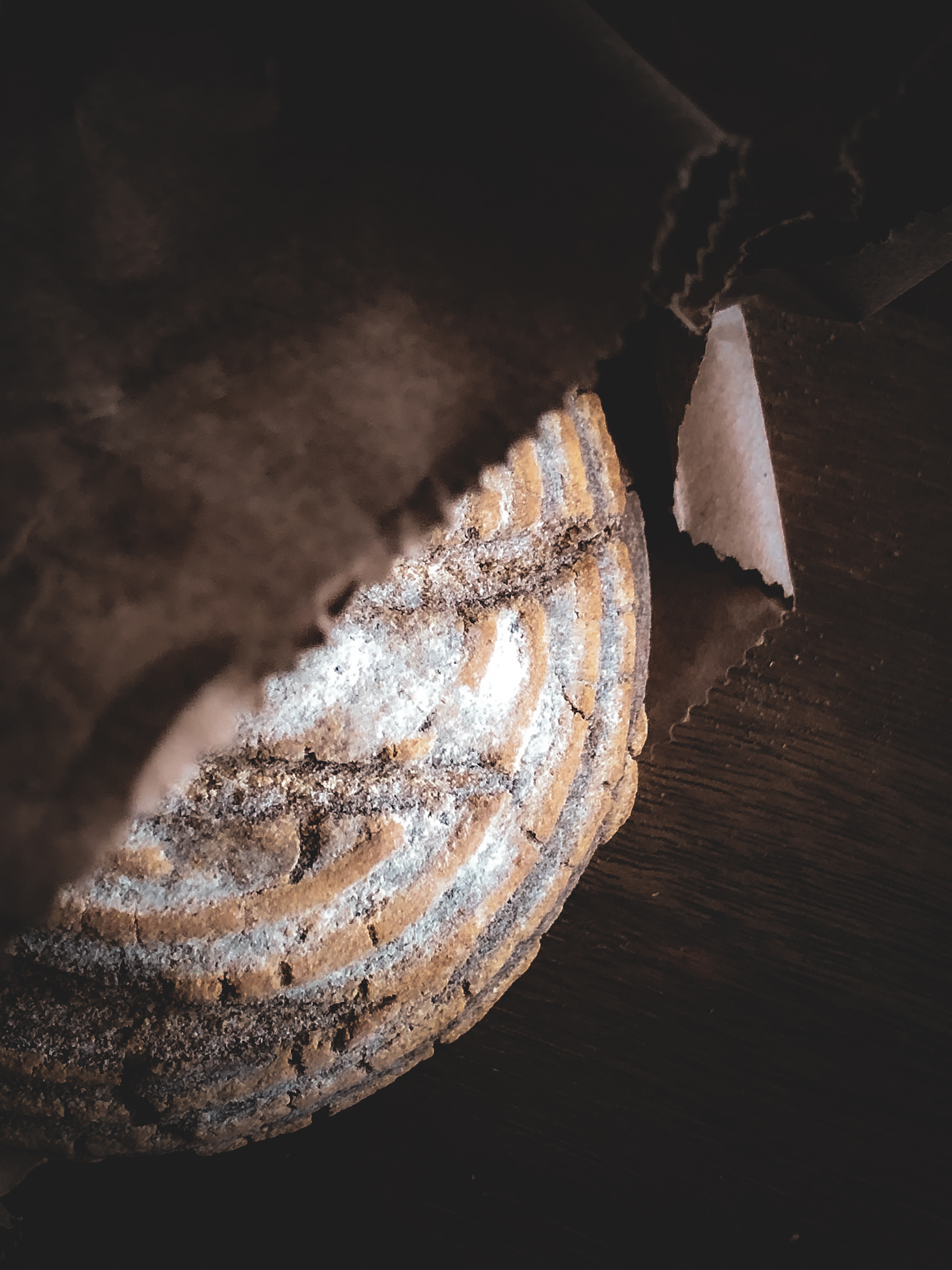 Top view of a round loaf of rustic bread partially wrapped in a paper bag, with light emphasizing the textured crust.