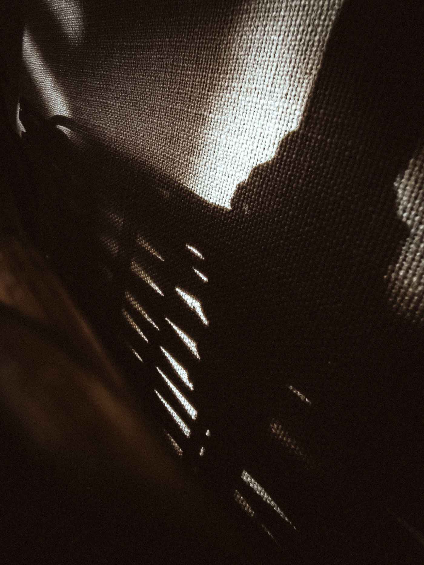 Top view of a wooden bowl filled with mixed nuts, softly revealed by light and partially hidden in shadow