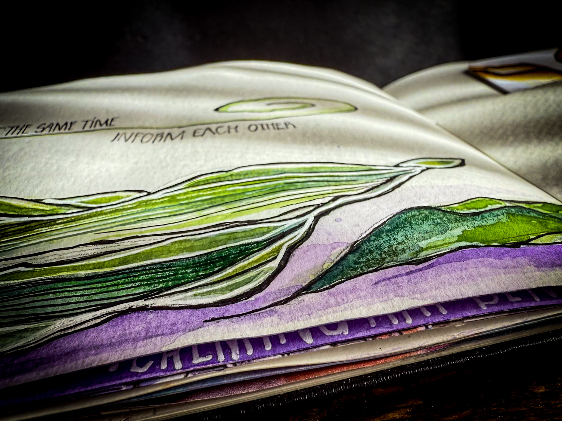 leaves-sketchbook-adri-spyker-1 Sunlight shining on a sketchbook open in the middle, to some green watercolour leaves lying on a wooden board