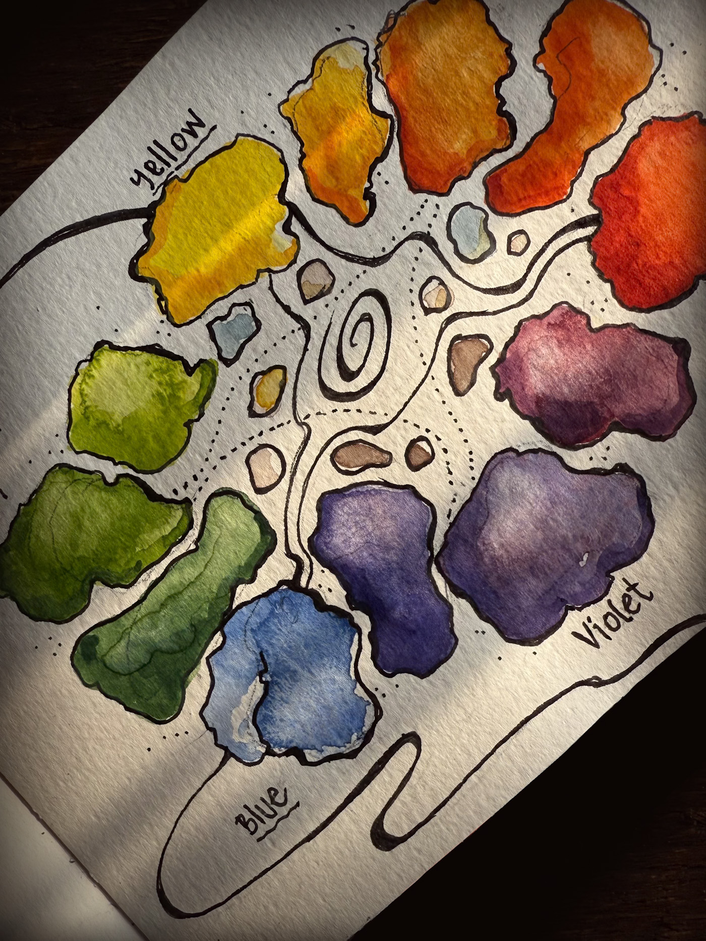 colour-wheel-vt-adri-spyker-1 Sunlight shining on a sketchbook open in the middle, to a colour wheel drawn with creative splotches for swatches for all primary and secondary colours